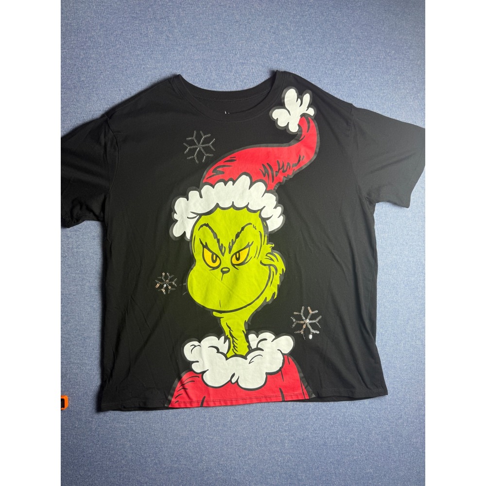 Dr. Seuss The Grinch Graphic T-Shirt Black Sequin Snowflake XL 2024 Holiday Tee
